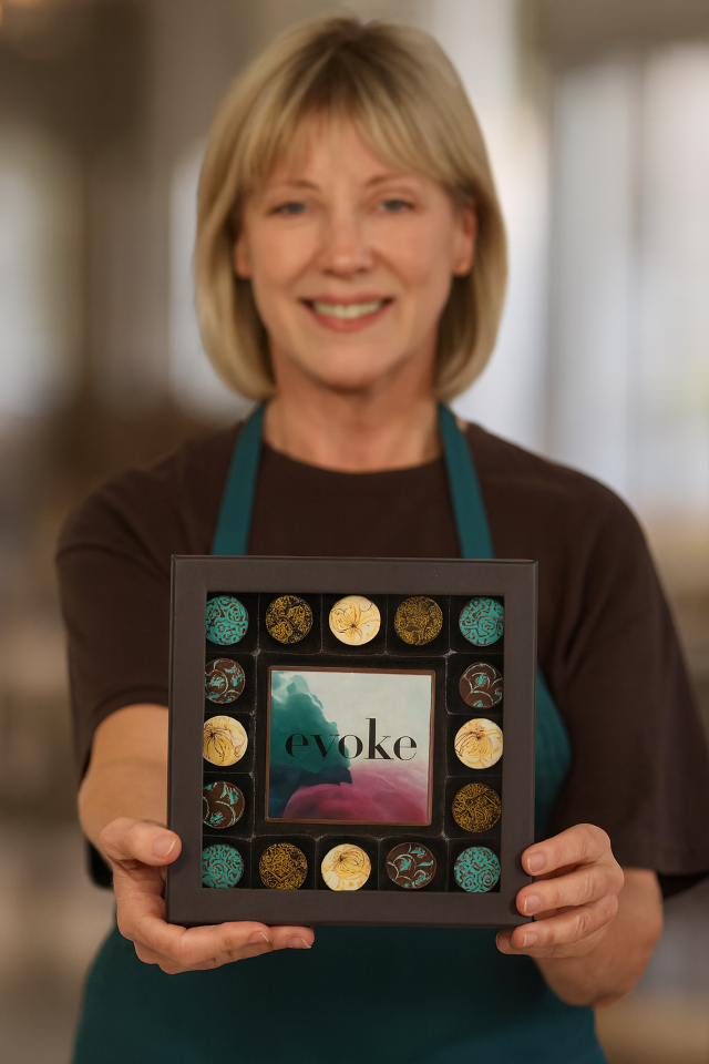 Corporate team celebrating with custom branded gift boxes
