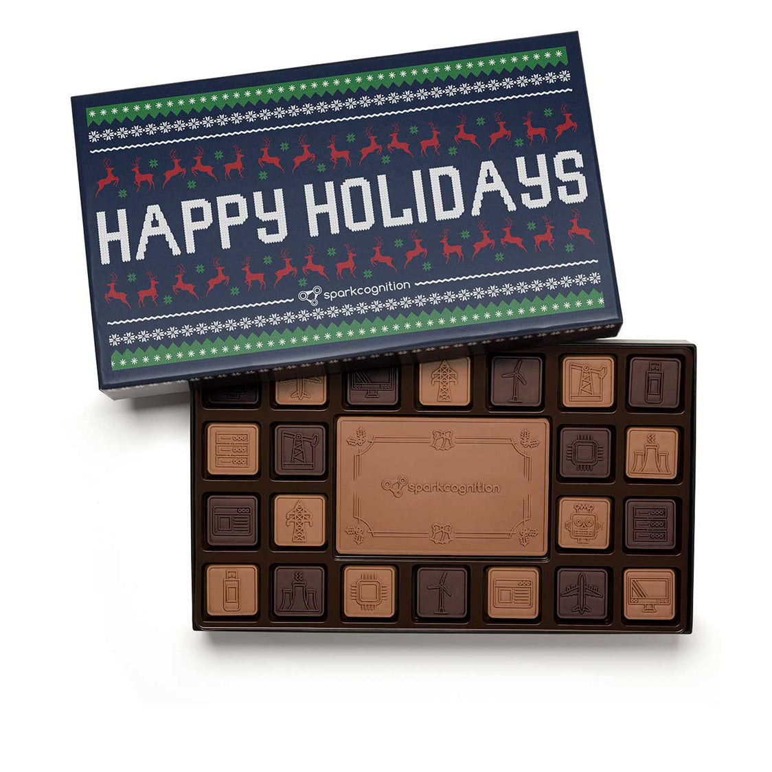 Elegant corporate gifts featuring custom chocolate and confection packaging